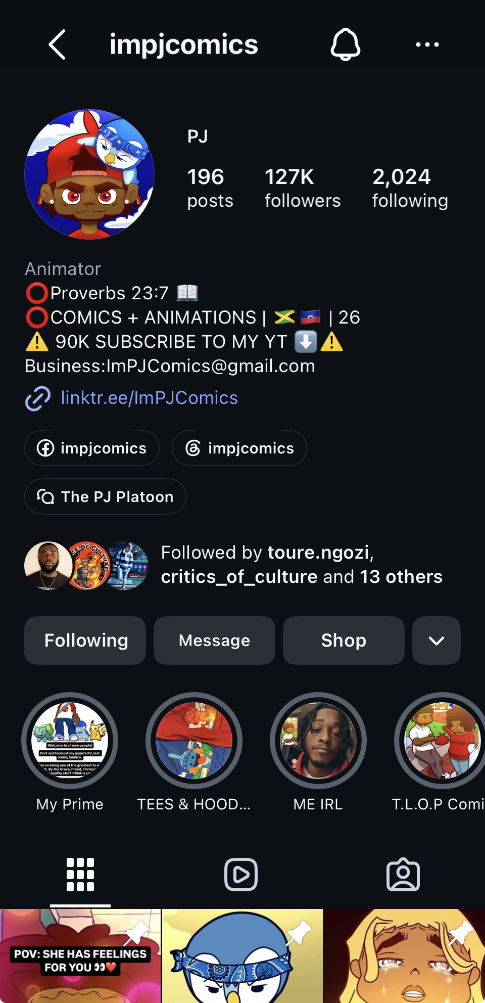 ImPJComics Instagram profile at 127K followers (after)