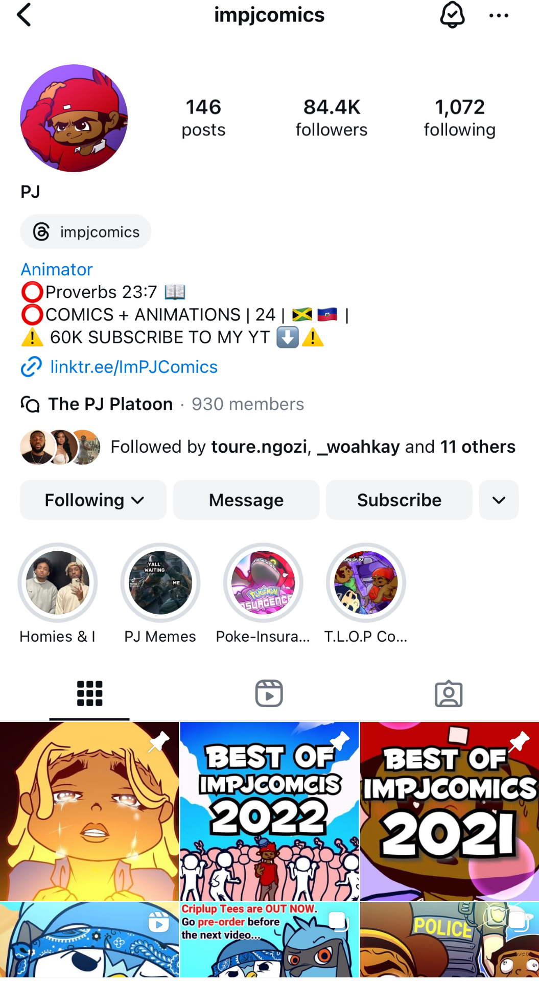ImPJComics Instagram profile at 84.4K followers (before)